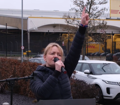 DHL Aviation East Midlands Airport strike - Sharon Graham speaks on picket line