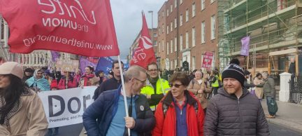 Regional Coordinating Officer Tom Fitzgerald (left) with Karen Gearon, IDATU shop steward during the Dunnes Strike, and David Gibney of IDATU’s successor, Mandate trade union. They are pictured at the Ireland for All demonstration on 18 February which saw tens of thousands take to the streets on Dublin in solidarity with migrants, asylum seekers and refugees.